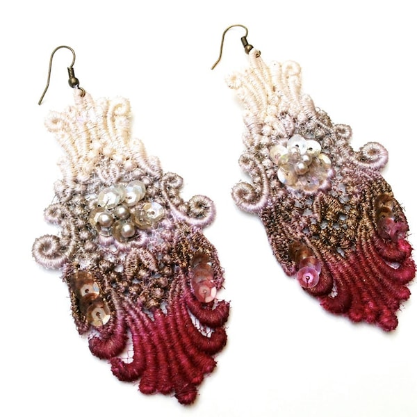 Lace Earrings in Burgundy Red Brown and Tan Ombre
