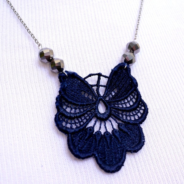Lace Statement Necklace in Navy and Silver