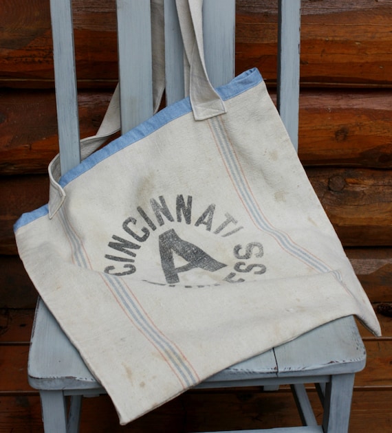 D Vintage Flour Sack /& Navy Ticking Tote Bag