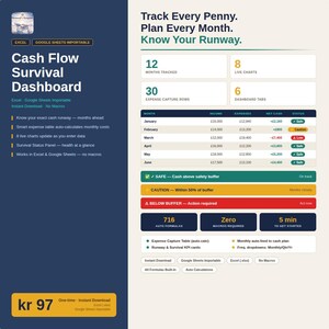 Cash Flow Survival Dashboard | Monthly Budget and Runway Tracker | Google Sheets | Excel | Freelancers | Households
