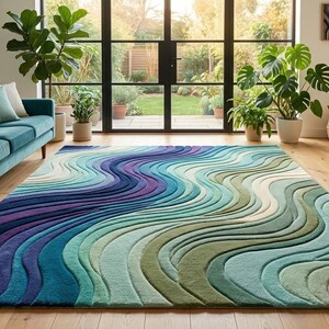 Könnte beinhalten: Ein rechteckiger Teppich mit einem strukturierten, wellenförmigen Muster in einem Farbverlauf aus Dunkelviolett, Marineblau, Petrol, Salbeigrün und Creme. Das Design besteht aus erhabenen, geschwungenen Linien, die Tiefe und Bewegung erzeugen.
