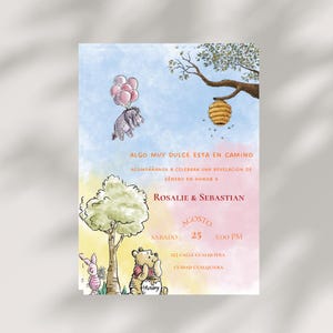 May include: A watercolour invitation featuring Winnie the Pooh characters. Eeyore floats with balloons, Pooh hugs a tree. Text includes "Algo muy dulce esta en camino" and details for Rosalie & Sebastian's event on August 25th.