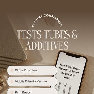 May include: A smartphone displays a medical graphic with the text "How Many Times Should You Invert a Light Blue Tube?" and "ConfiLab." The image also includes the text "TESTS TUBES & ADDITIVES," "Digital Download," "Mobile Friendly Version," and "Print Ready!"