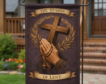 Bandera de jardín cristiana de Cuaresma, cruz y manos en oración, decoración de Pascua