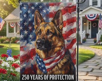 Bandera estadounidense con pastor alemán, bandera patriótica para jardín con diseño de perro del 250 aniversario.