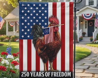 Bandera estadounidense de pollo y gallo, bandera de jardín conmemorativa de 250 años de libertad