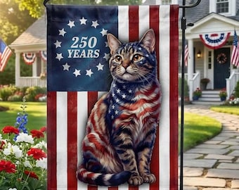 Bandera de jardín con diseño de gato patriótico, decoración estadounidense de Betsy Ross por sus 250 años.