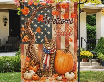 Welcome Fall Cat Garden Flag, American Flag Cat Lover Decor, Patriotic Autumn Flag, Pumpkin Welcome Fall Porch Decor, Thanksgiving Flag