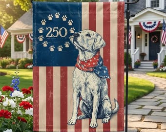 Bandera patriótica de jardín de Labrador Retriever - Decoración de la bandera de Betsy Ross con huellas de patas del 250.º aniversario