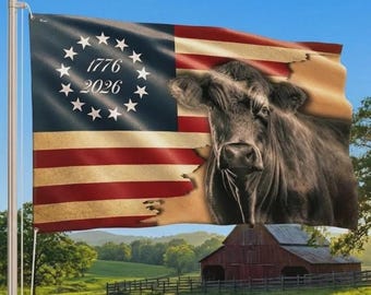 Bandera de ganado Black Angus 1776–2026, bandera patriótica de granjero estadounidense, pancarta para exteriores con temática de vida en el rancho, decoración campestre americana