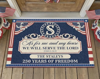 Gepersonaliseerde christelijke patriottische deurmat, As For Me And My House We Will Serve The Lord, Family Name Welcome Mat, America 250 Decor
