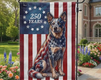 Bandera patriótica de jardín con diseño de perro pastor australiano, bandera del 250 aniversario del perro pastor americano, decoración de jardín para amantes de los perros (EE. UU., 1776-2026).