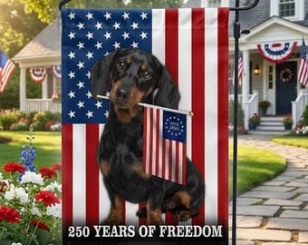 Bandera estadounidense de perro salchicha, 250 años de libertad, pancarta patriótica para jardín.