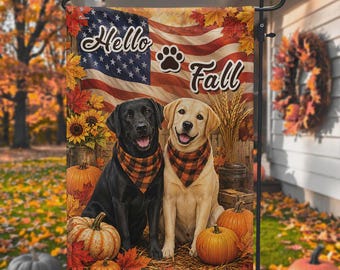 Hello Fall Labrador Retriever Garden Flag, American Flag Dog Fall, Black & Yellow Lab Autumn Flag, Pumpkin Porch Decor, Thanksgiving Flag