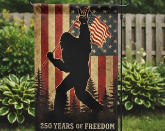 Bandera patriótica de jardín de Bigfoot, 250 años de libertad, decoración americana de Sasquatch