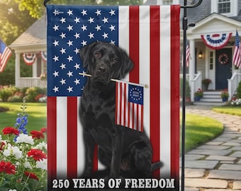 Bandera de jardín estadounidense de Labrador negro, decoración patriótica para amantes de los perros por los 250 años de libertad.