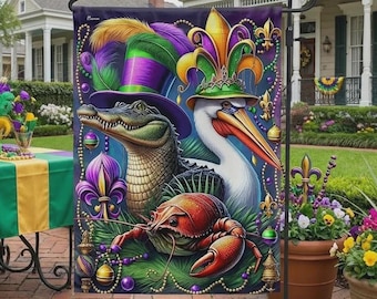 Mardi Gras Alligator Pelican Crawfish Garden Flag, Louisiana Mardi Gras Carnival Flag, Fat Tuesday Yard Flag, New Orleans Outdoor Decor