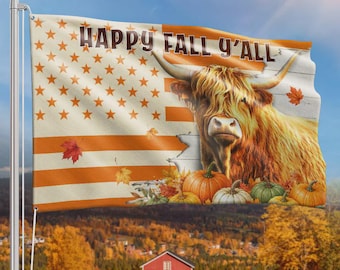 Happy Fall Y'all Highland Cow American Flag, Fall Grommet Flag, Highland Cattle Autumn Flag, Pumpkin Harvest Outdoor Flag
