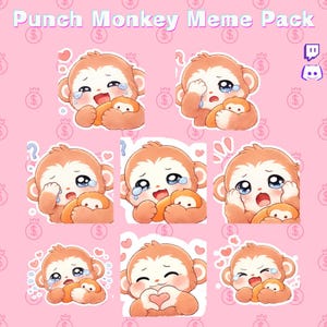 May include: A collection of cartoon monkey stickers with various emotional expressions. The stickers feature a brown monkey holding a smaller orange monkey, with tears, hearts, and other symbols. The text "Punch Monkey Meme Pack" is at the top.