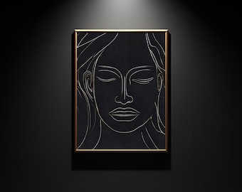 Abstrakcyjna grafika z twarzą kobiety | Dekoracja ścienna w kolorze czarno-złotym | Minimalistyczny portret kobiety | Natychmiastowe pobranie