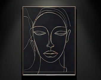 Abstrakcyjny wydruk artystyczny z motywem kobiecej linii | Dekoracja ścienna w kolorze czarno-złotym | Minimalistyczny portret kobiety | Natychmiastowe pobranie