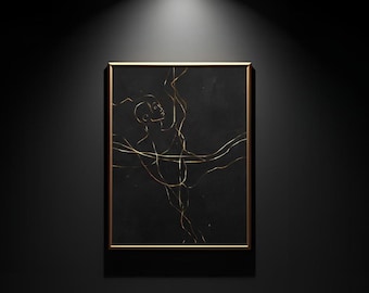 Abstrakcyjna grafika liniowa przedstawiająca postać człowieka | Czarno-złota grafika ścienna | Minimalistyczny rysunek ciała | Natychmiastowe pobranie