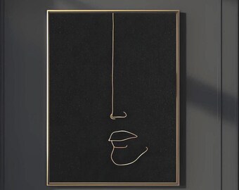 Abstrakcyjny wydruk artystyczny z linią twarzy, minimalistyczna dekoracja ścienna w czerni i złocie – pobranie cyfrowe