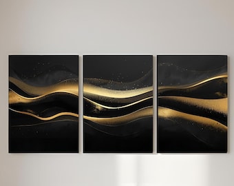 Czarno-złoty abstrakcyjny tryptyk ścienny, luksusowy zestaw do druku