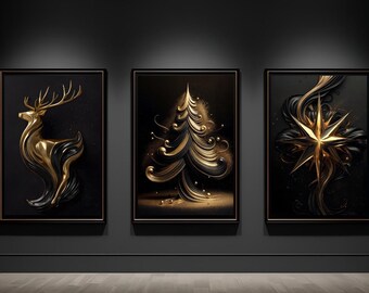 Czarno-złoty tryptyk świąteczny, renifer, drzewo, gwiazda (do pobrania cyfrowego)
