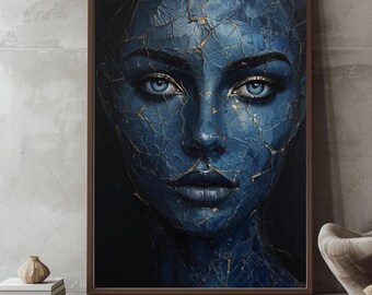 Abstrakcyjny, niebiesko-złoty wydruk artystyczny twarzy – portret inspirowany kintsugi