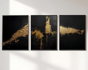 Nowoczesny tryptyk artystyczny, czarno-złota abstrakcyjna dekoracja ścienna, współczesny element wyposażenia wnętrz najwyższej klasy