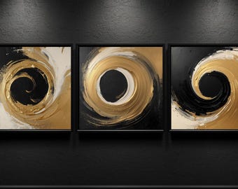 Abstract Gold Black Triptych Wall Art | Modern Luxury 3 Panel Artwork