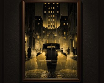 Plakat z zabytkowym samochodem, wydruk cyfrowy | Scena miejska w stylu art déco z lat 30. XX wieku