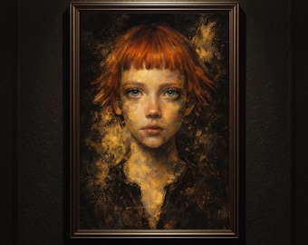 Dekoracja ścienna do druku z dramatycznym złotym portretem kobiety w ponurym odcieniu