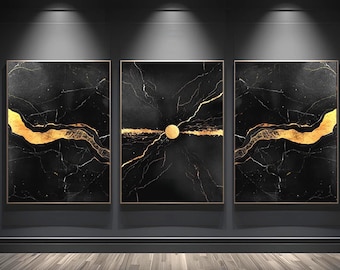 Czarno-złoty marmurowy abstrakcyjny tryptyk ścienny, zestaw do druku