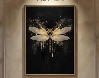 Czarno-złota minimalistyczna grafika ścienna z ważką do druku