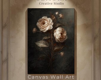 Ciemny kwiatowy wydruk na płótnie z piwonią w stylu vintage, dekoracja ścienna w stylu botanicznym