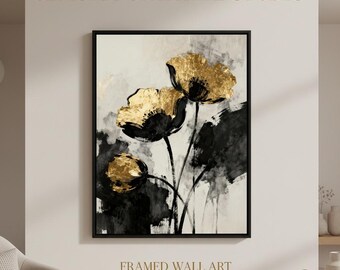 Złoty mak kwiatowy matowy na płótnie w ramie | Abstrakcyjna czarno-biała sztuka ścienna
