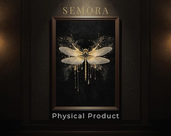 Plakat w ramce z motywem złotej ważki | Metaliczna dekoracja ścienna z owadem