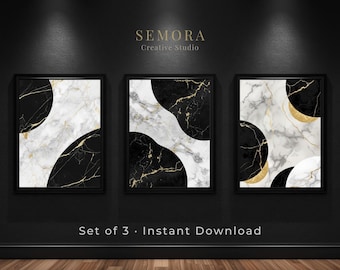 Marmurowy tryptyk ścienny, czarno-biały, złoty, minimalistyczny zestaw do druku