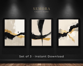 Abstrakcyjny tryptyk pędzlowy w kolorze czarno-złotym, minimalistyczny, do druku, dekoracja ścienna