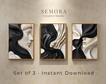 Czarno-biały abstrakcyjny plakat z kobietą w formie tryptyku – nowoczesny minimalistyczny zestaw 3 plakatów