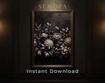 Ciemna kwiatowa sztuka ścienna z botanicznym nadrukiem w stylu vintage, do pobrania w wersji cyfrowej