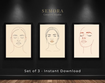 Minimalistyczny tryptyk z linią twarzy, abstrakcyjny, kobiecy, drukowany wystrój ścienny