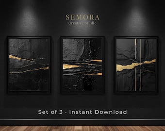 Czarno-złoty tryptyk dekoracyjny w ciemnym, teksturowanym, minimalistycznym kolorze do druku