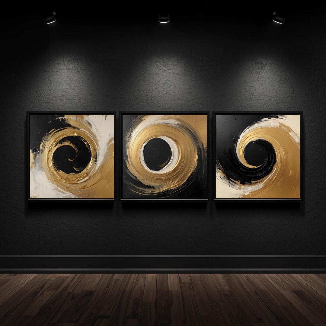 Abstract Gold Black Triptych Wall Art | Modern Luxury 3 Panel Artwork ...
