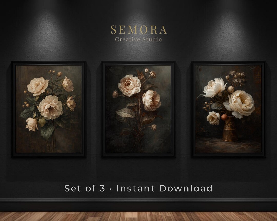 Vintage Floral Triptych Classic Dark Botanical Printable Wall Decor - Etsy