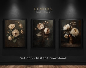 Klasyczny, ciemny, botaniczny, drukowany wystrój ścienny w stylu vintage, tryptyk kwiatowy