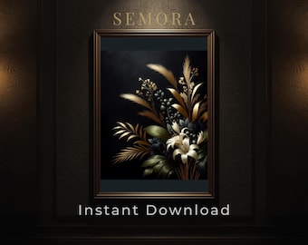 Czarno-złota botaniczna dekoracja ścienna do druku, nowoczesna, kwiatowa, cyfrowa do pobrania
