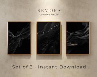Zestaw 3 czarnych abstrakcyjnych obrazów ściennych w formie tryptyku | Minimalistyczne, nowoczesne wydruki w złotej linii